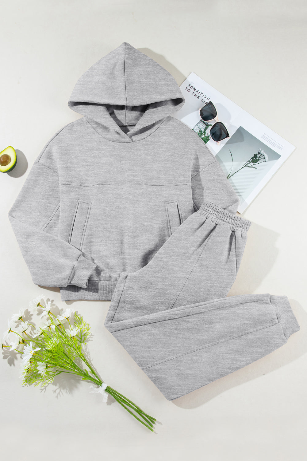 Shoulder Dropped Long Sleeve Hoodie and Pants Active Set