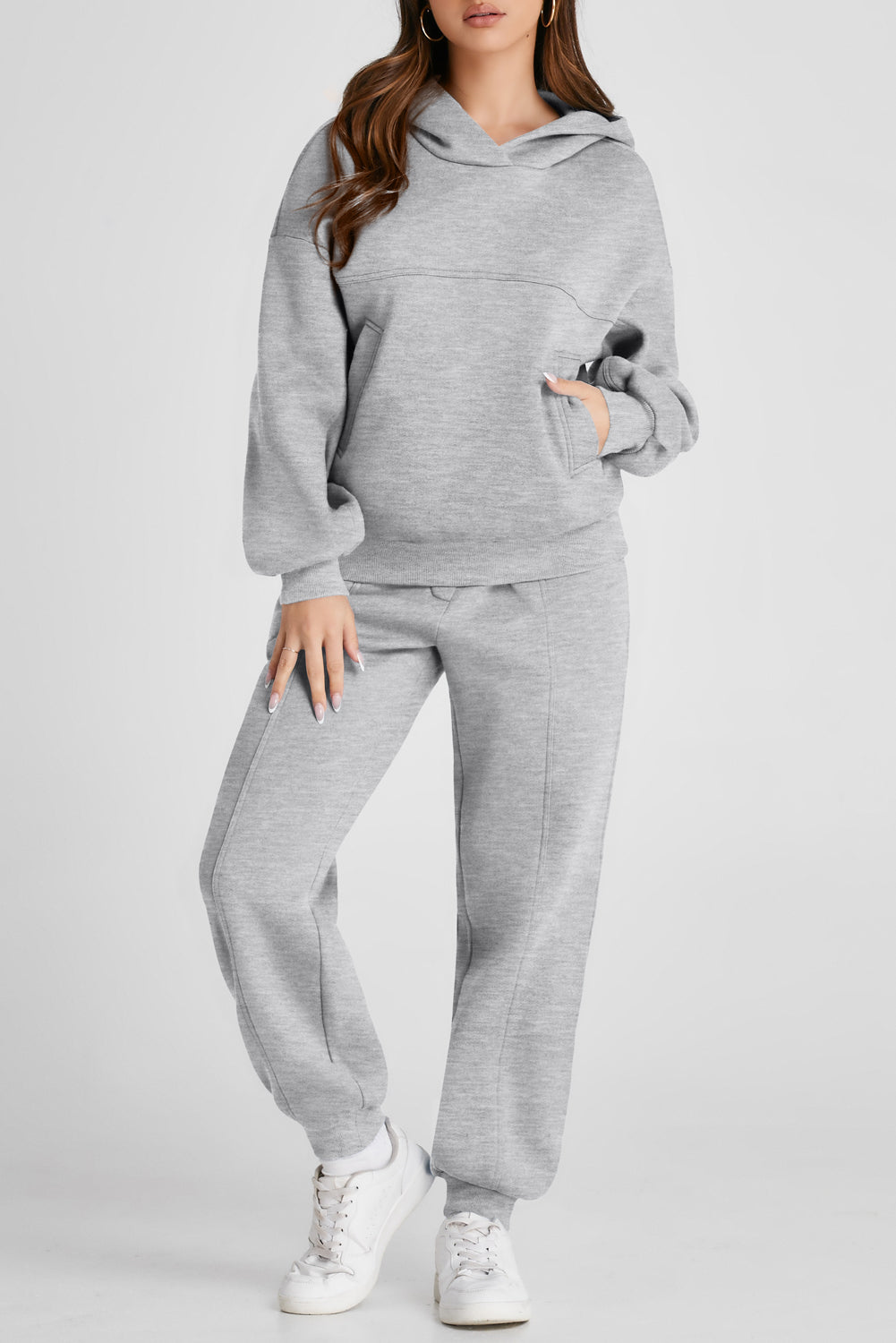 Shoulder Dropped Long Sleeve Hoodie and Pants Active Set